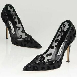 Manolo Blahnik Black bbmesh 105 Mesh leopard Print Stiletto Pumps 39.5 Classic